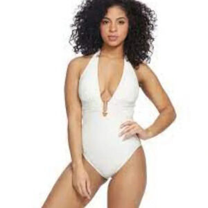 VINCE Camuto Pacific Wave Plunging  Texture One Piece Swimsuit Sand
